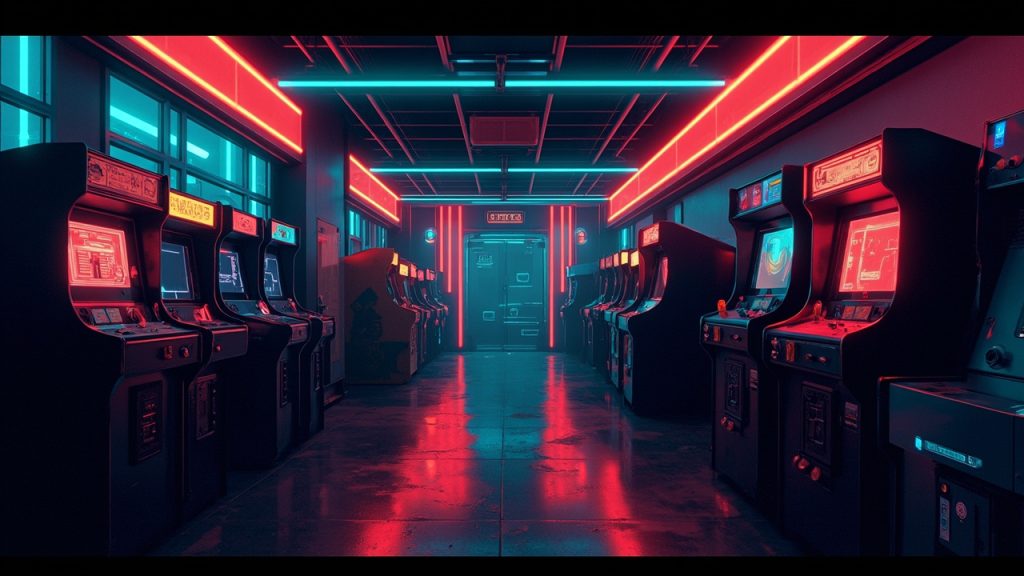 Illustration of a neon-lit retro arcade interior