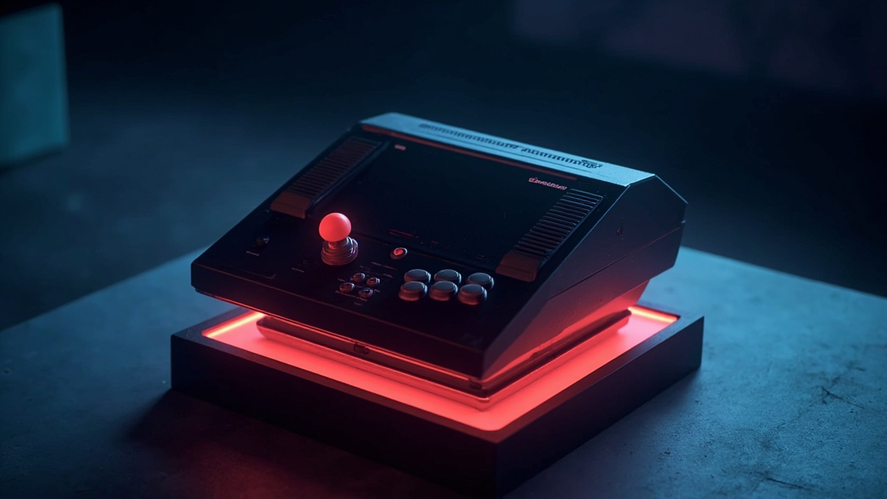 Illustration of retro gaming hardware in synthwave style