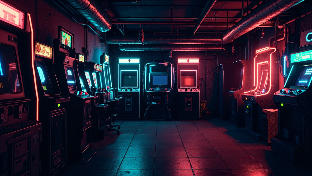 Illustration of a neon-lit retro arcade interior