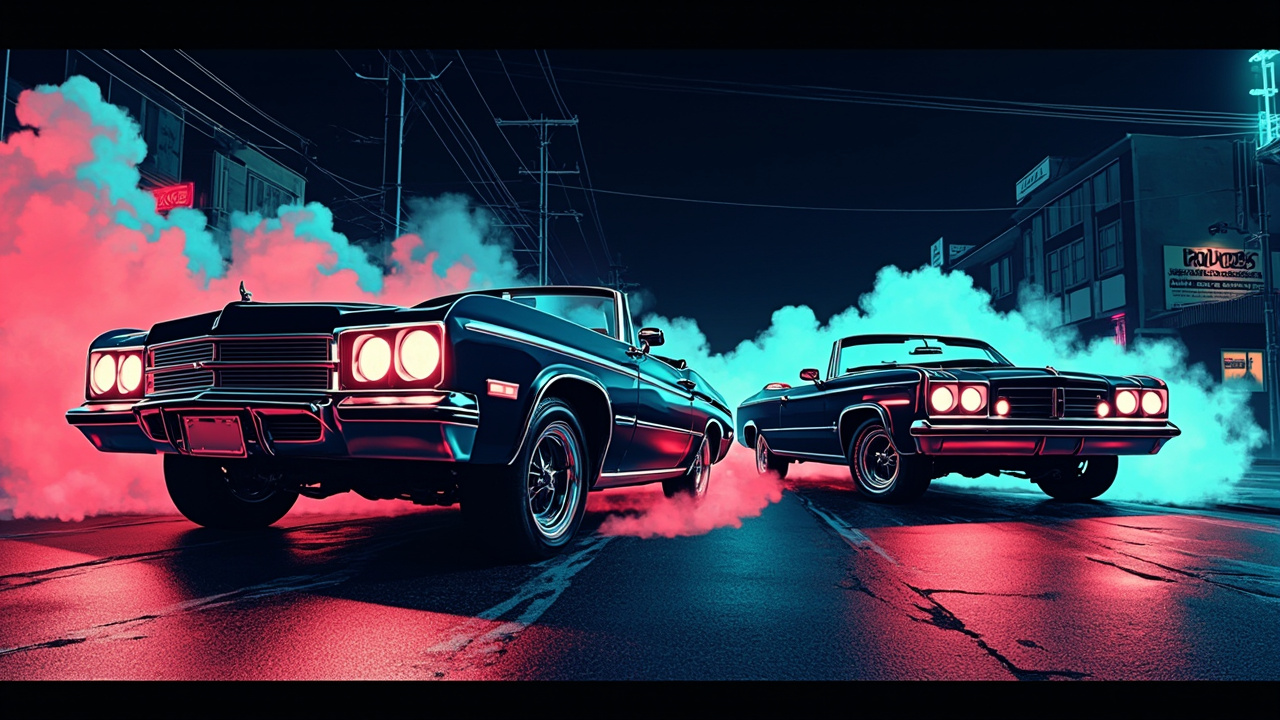 Illustration: A pair of customized lowrider convertible cars with their front ends lifted off the ground on an urban street, with smoke trailing from the rear tires.