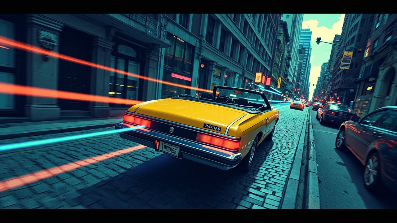 Illustration: A yellow convertible marked "TAXI" with license plate "1N0M155" hovers over a cobblestone surface, emitting blue and orange energy trails. The vehicle travels up a steep city street alongside other similar airborne cars, while conventional vehicles d