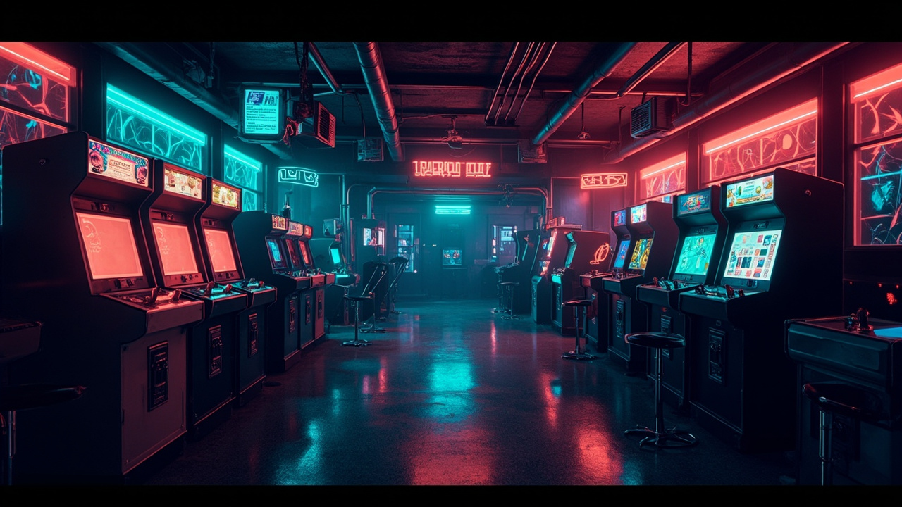 Illustration of a neon-lit retro arcade interior