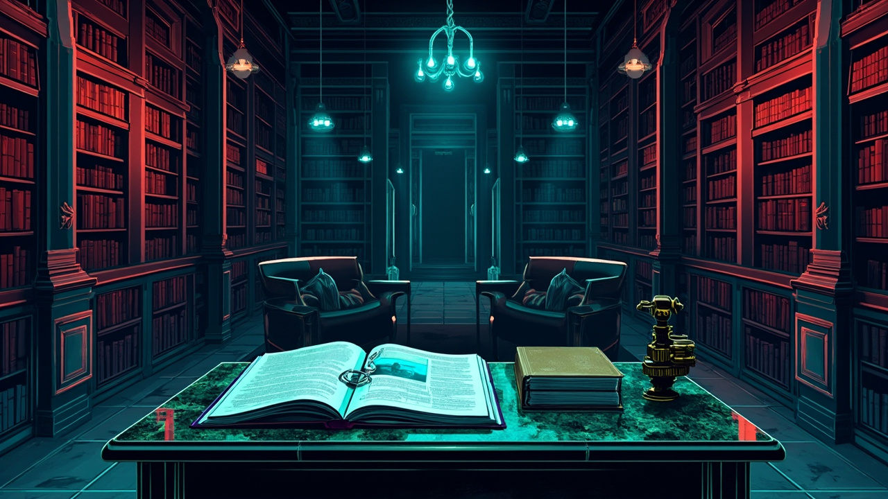 Illustration: A dimly lit library with towering bookshelves and hanging chandeliers centers around a large green marble table holding an open binder, a closed book with an image on its cover, and a small brass mechanical device.