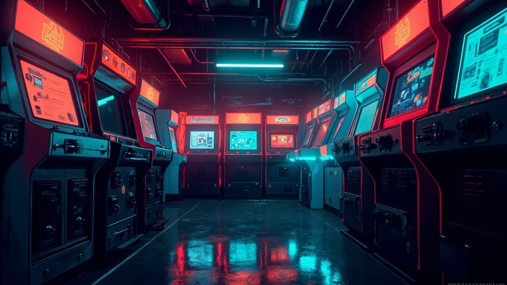 Illustration of a neon-lit retro arcade interior