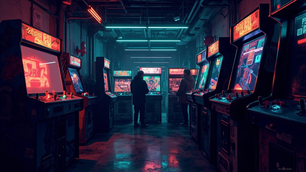 Illustration of a neon-lit retro arcade interior