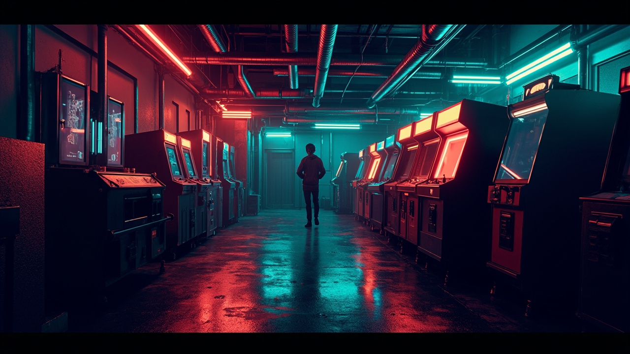 Illustration of a neon-lit retro arcade interior