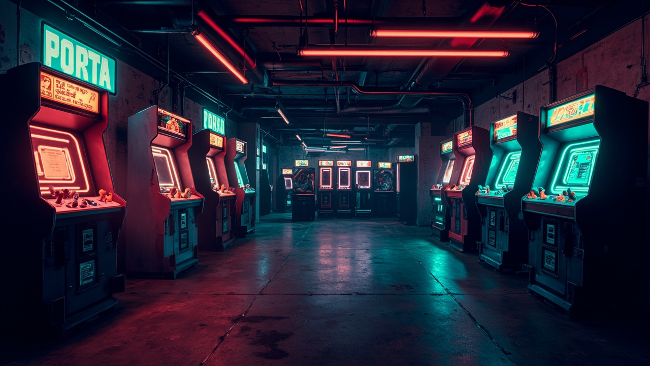 Illustration of a neon-lit retro arcade interior