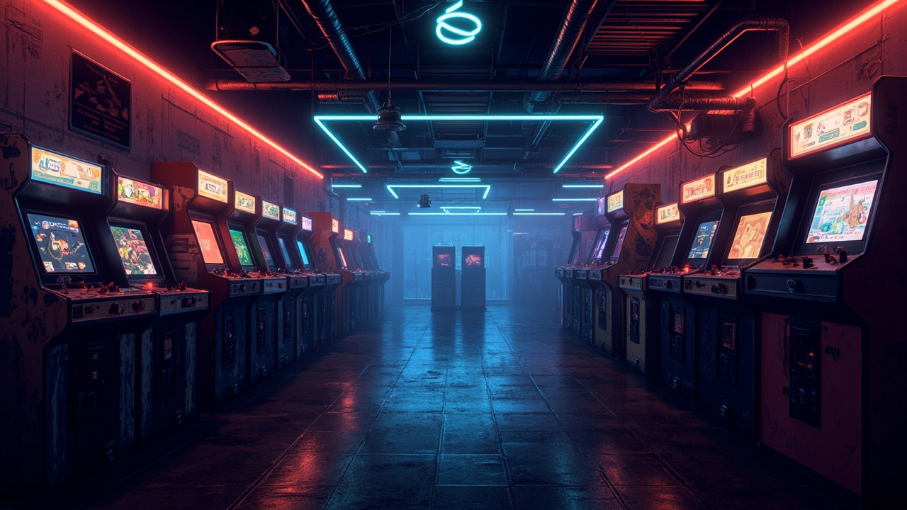 Illustration of a neon-lit retro arcade interior