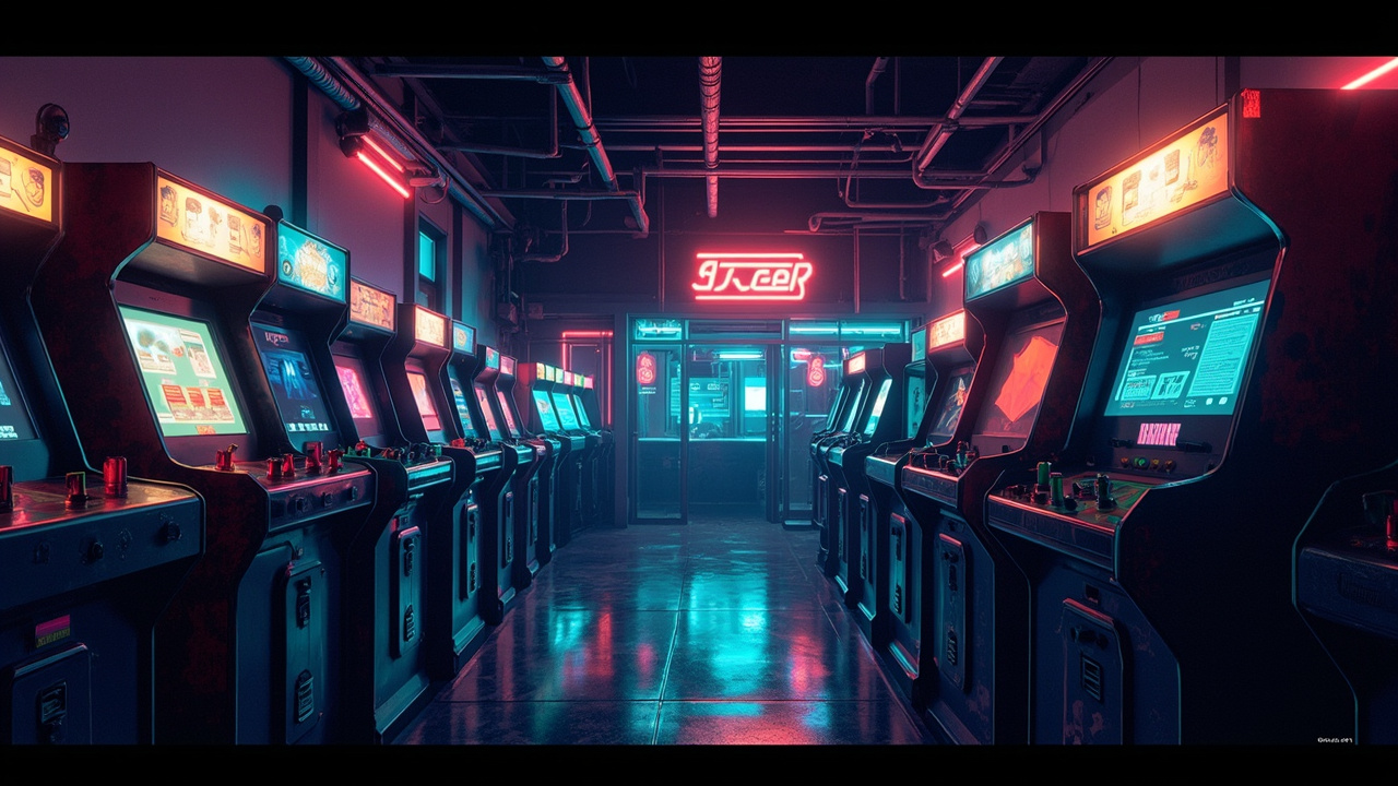 Illustration of a neon-lit retro arcade interior