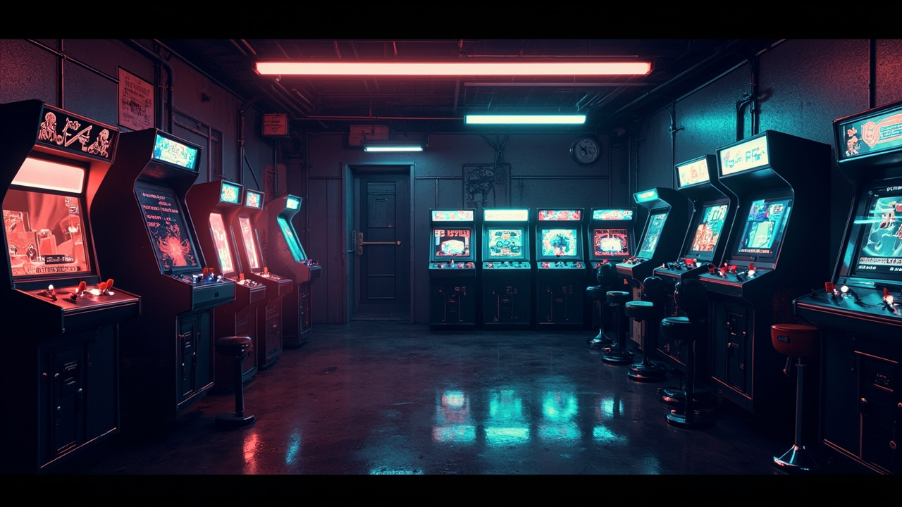 Illustration of a neon-lit retro arcade interior