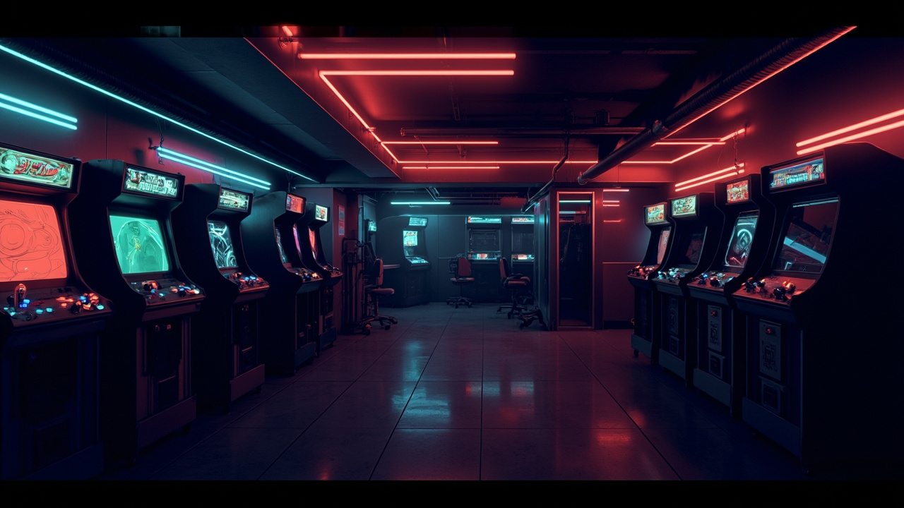Illustration of a neon-lit retro arcade interior