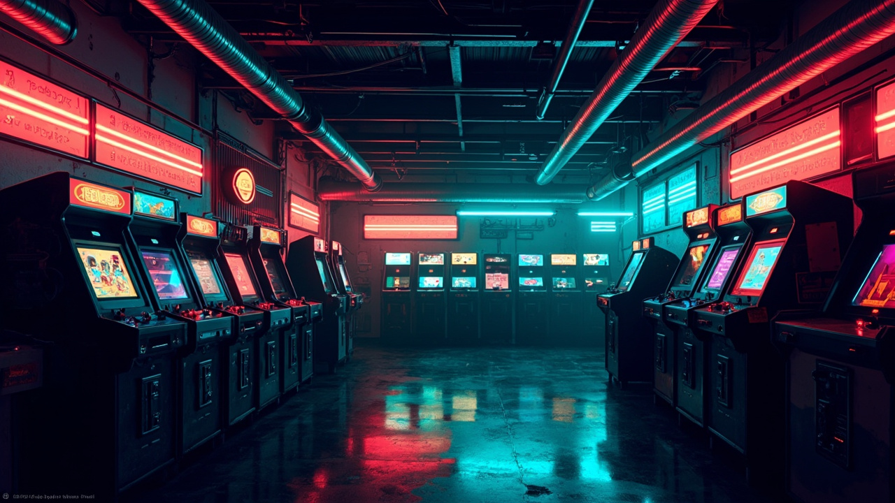 Illustration of a neon-lit retro arcade interior