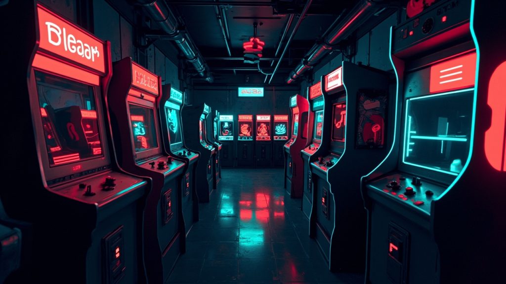 Illustration of a neon-lit retro arcade interior