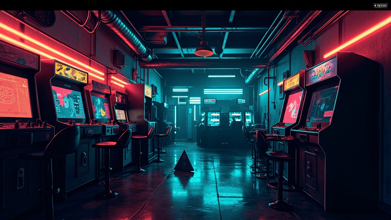 Illustration of a neon-lit retro arcade interior