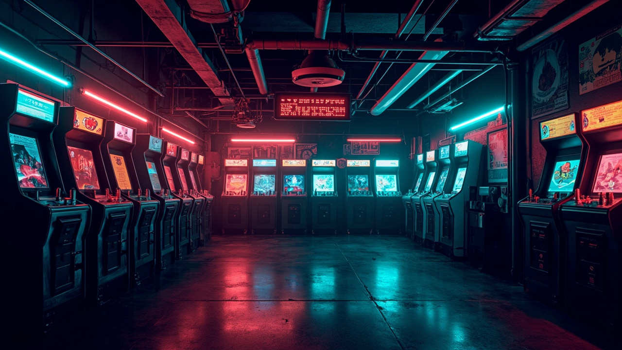 Illustration of a neon-lit retro arcade interior