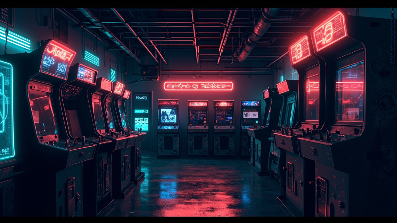 Illustration of a neon-lit retro arcade interior