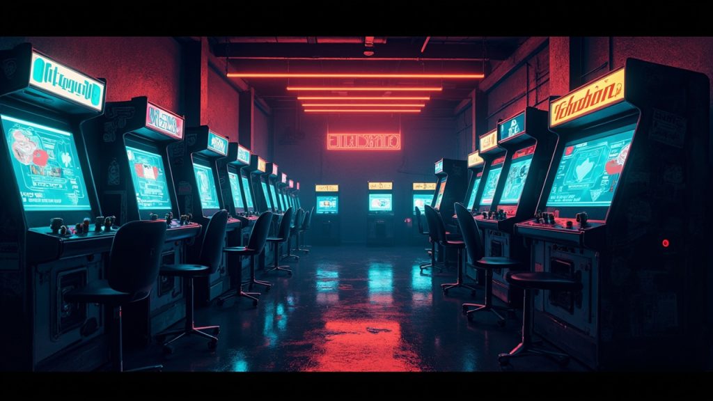 Illustration of a neon-lit retro arcade interior