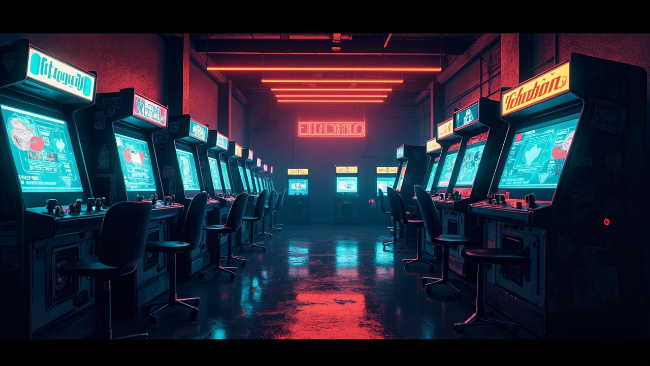 Illustration of a neon-lit retro arcade interior