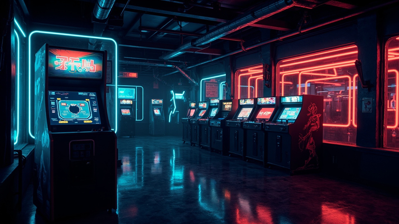 Illustration of a neon-lit retro arcade interior