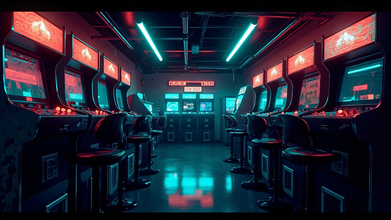 Illustration of a neon-lit retro arcade interior