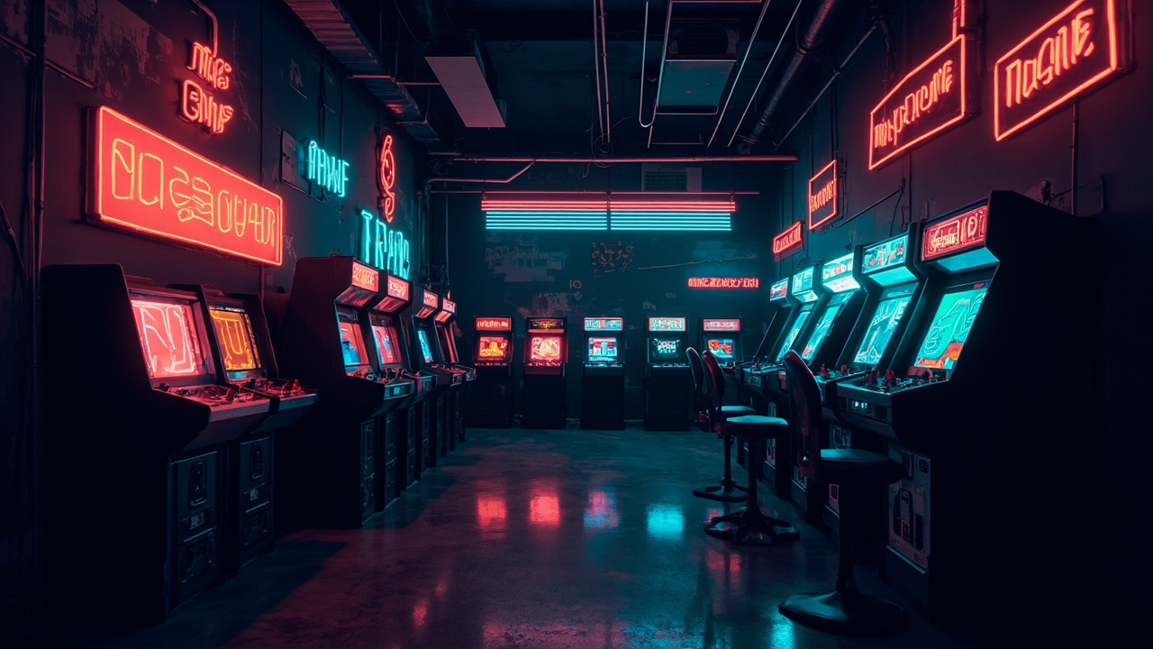 Illustration of a neon-lit retro arcade interior