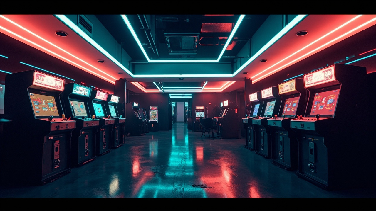 Illustration of a neon-lit retro arcade interior