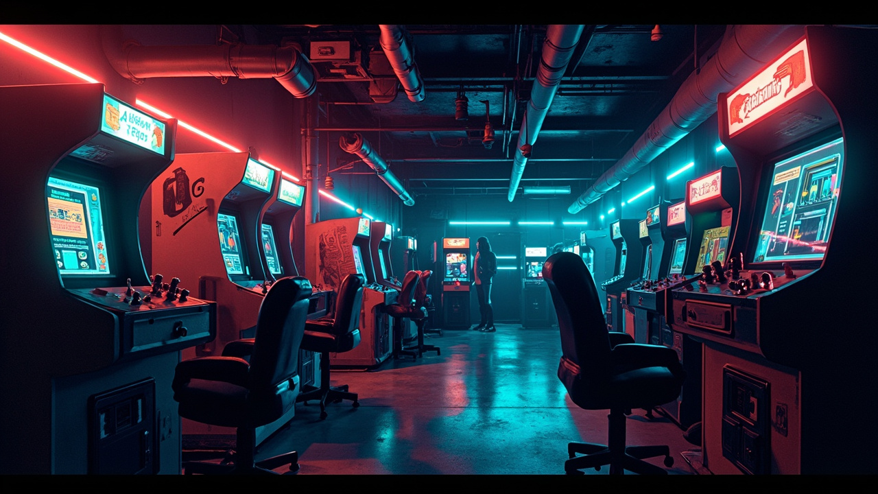 Illustration of a neon-lit retro arcade interior