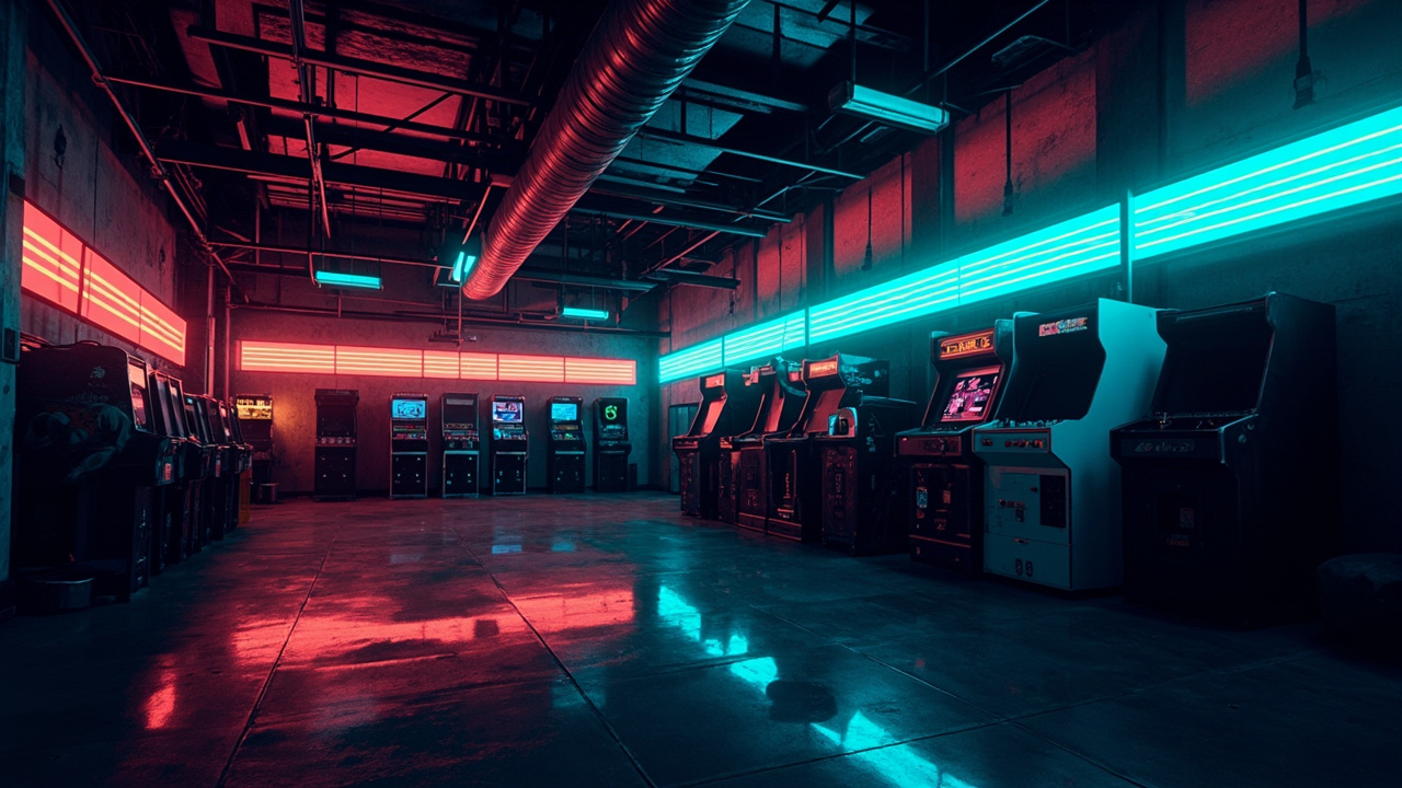 Illustration of a neon-lit retro arcade interior