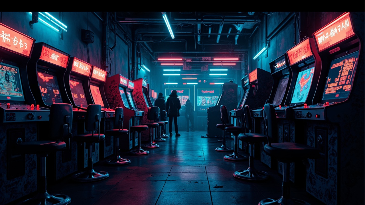 Illustration of a neon-lit retro arcade interior