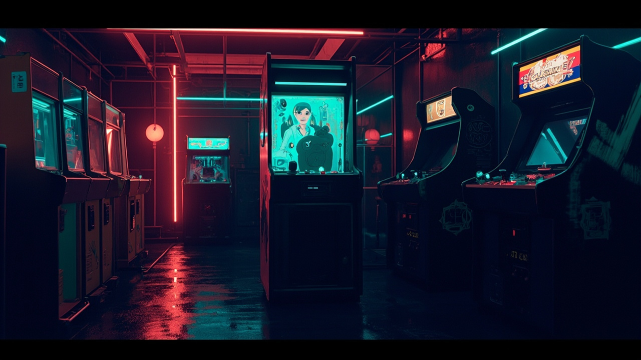 Illustration of a neon-lit retro arcade interior
