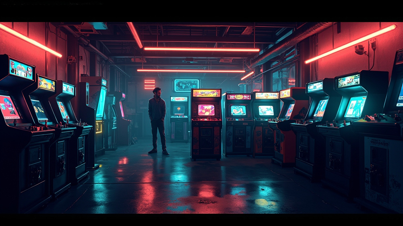 Illustration of a neon-lit retro arcade interior