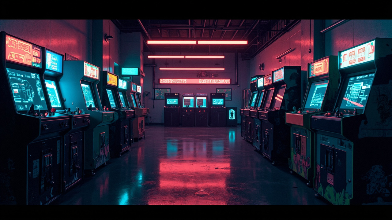 Illustration of a neon-lit retro arcade interior