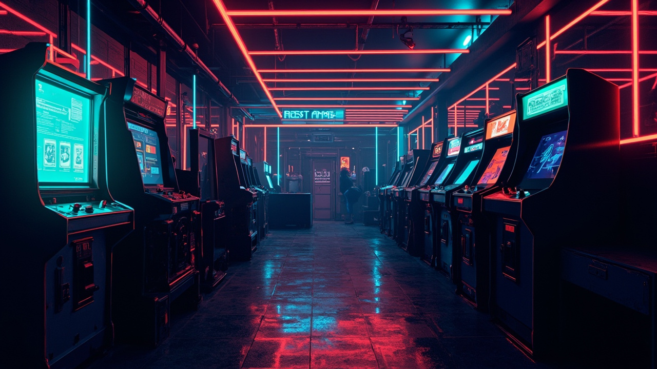 Illustration of a neon-lit retro arcade interior