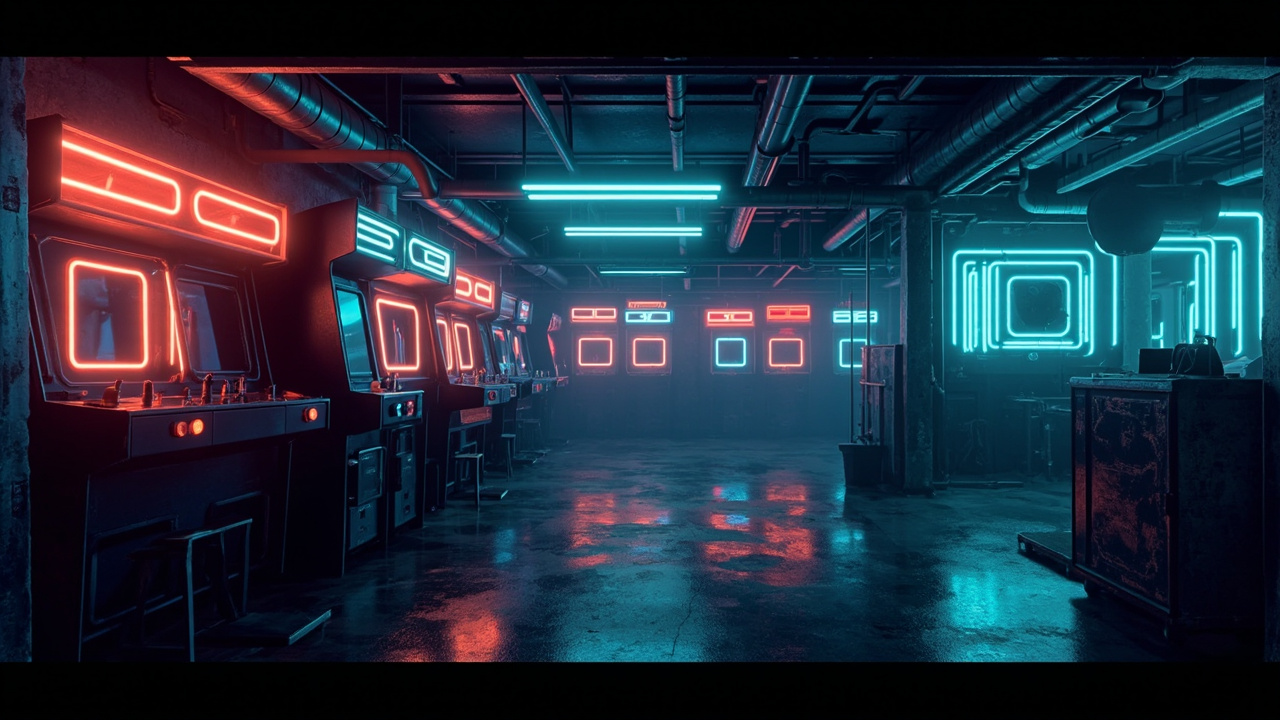 Illustration of a neon-lit retro arcade interior