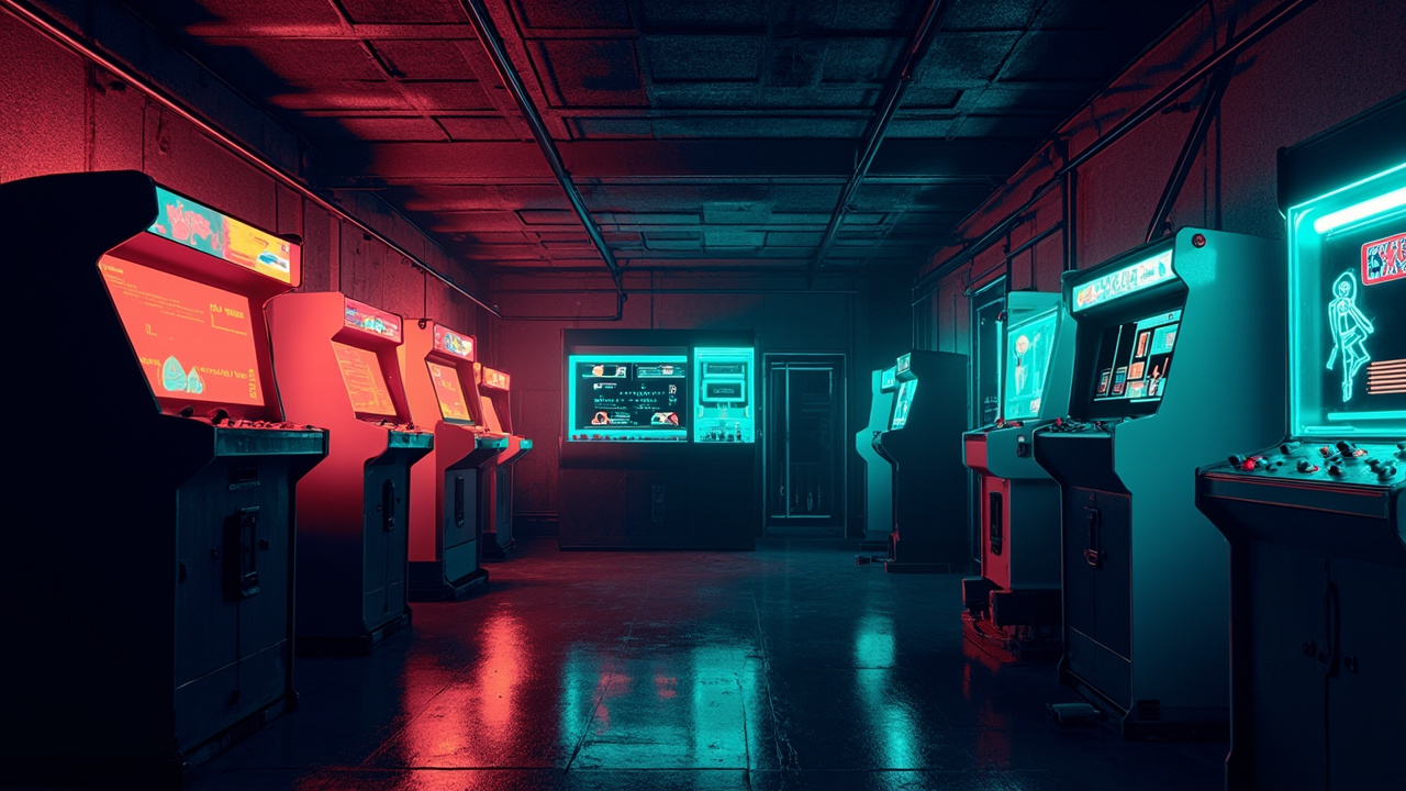 Illustration of a neon-lit retro arcade interior