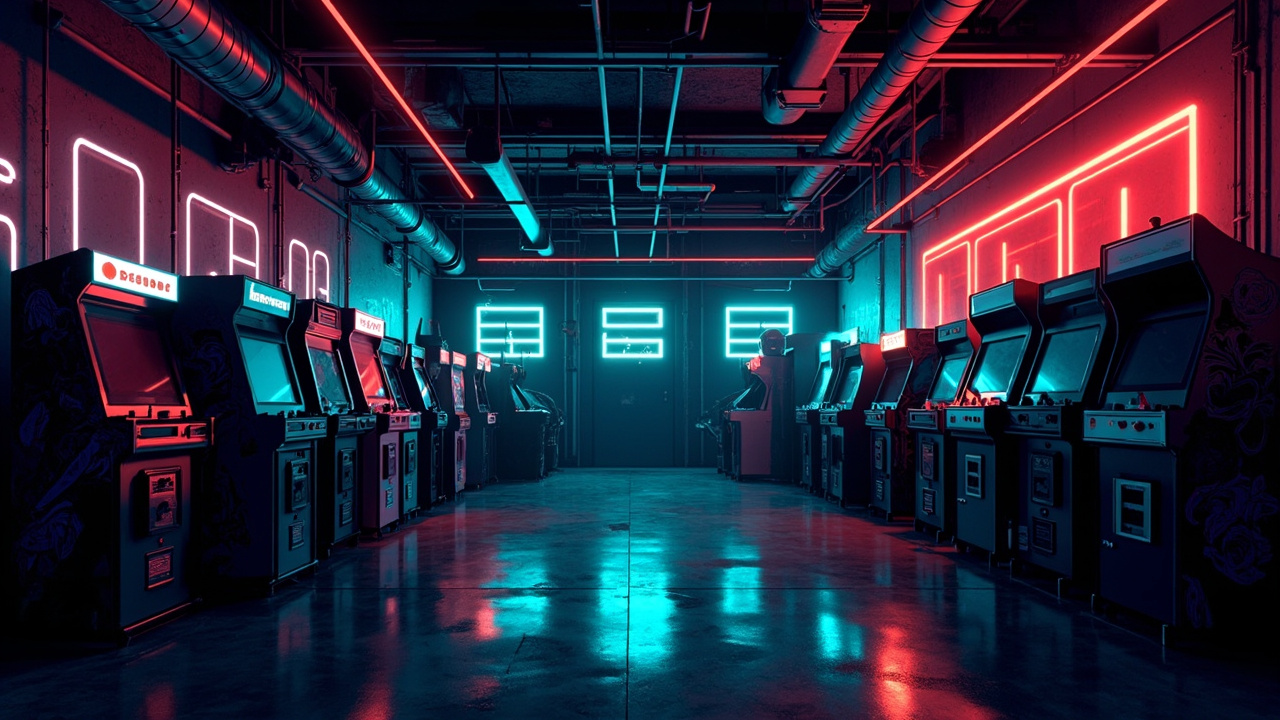 Illustration of a neon-lit retro arcade interior