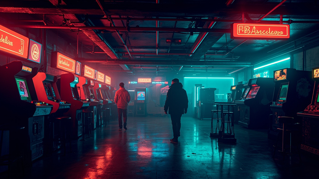 Illustration of a neon-lit retro arcade interior
