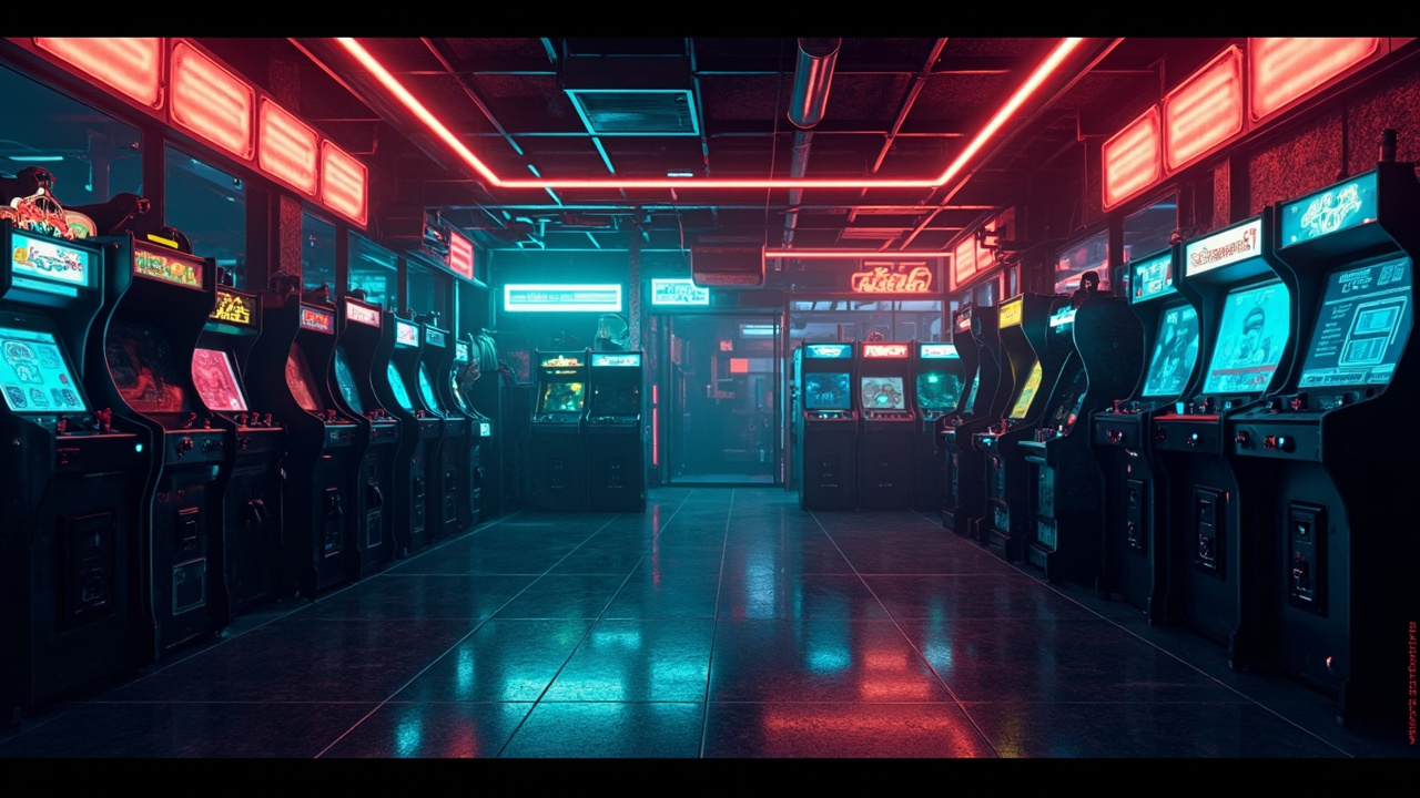 Illustration of a neon-lit retro arcade interior