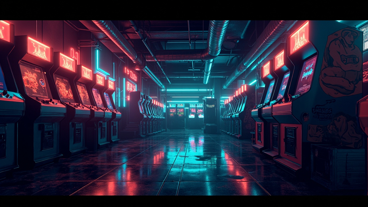 Illustration of a neon-lit retro arcade interior