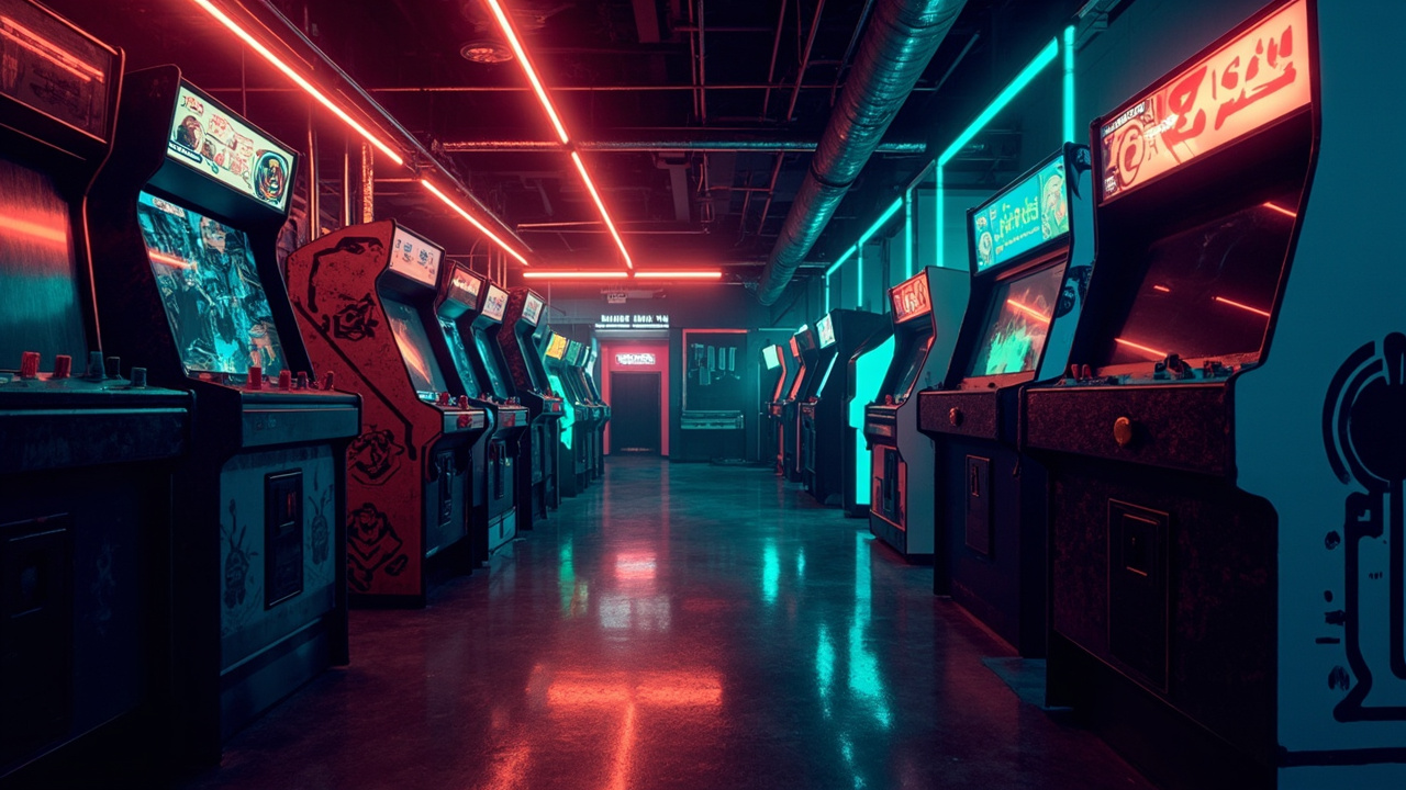 Illustration of a neon-lit retro arcade interior