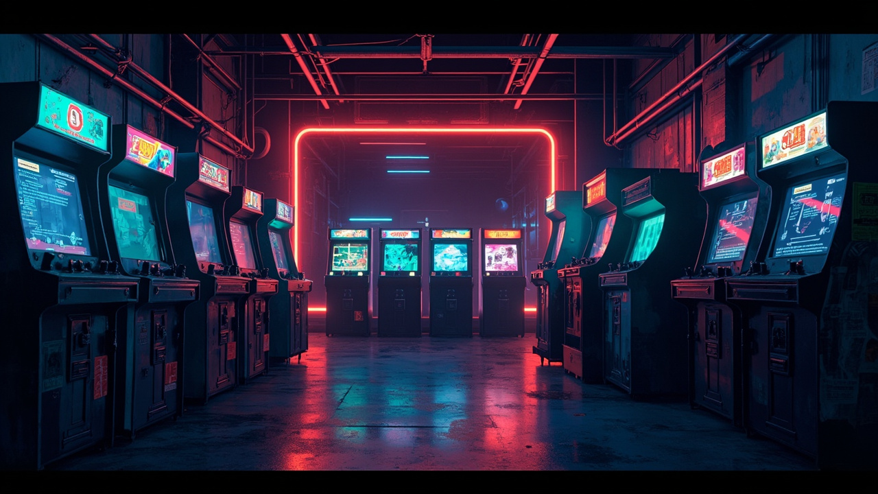 Illustration of a neon-lit retro arcade interior