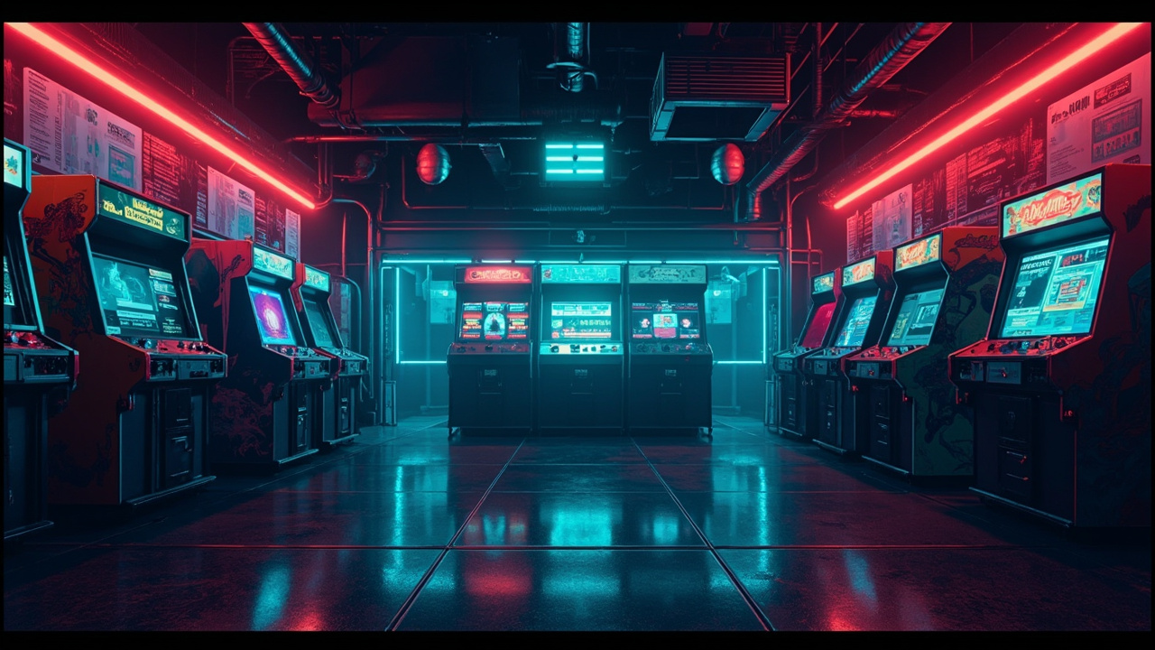 Illustration of a neon-lit retro arcade interior