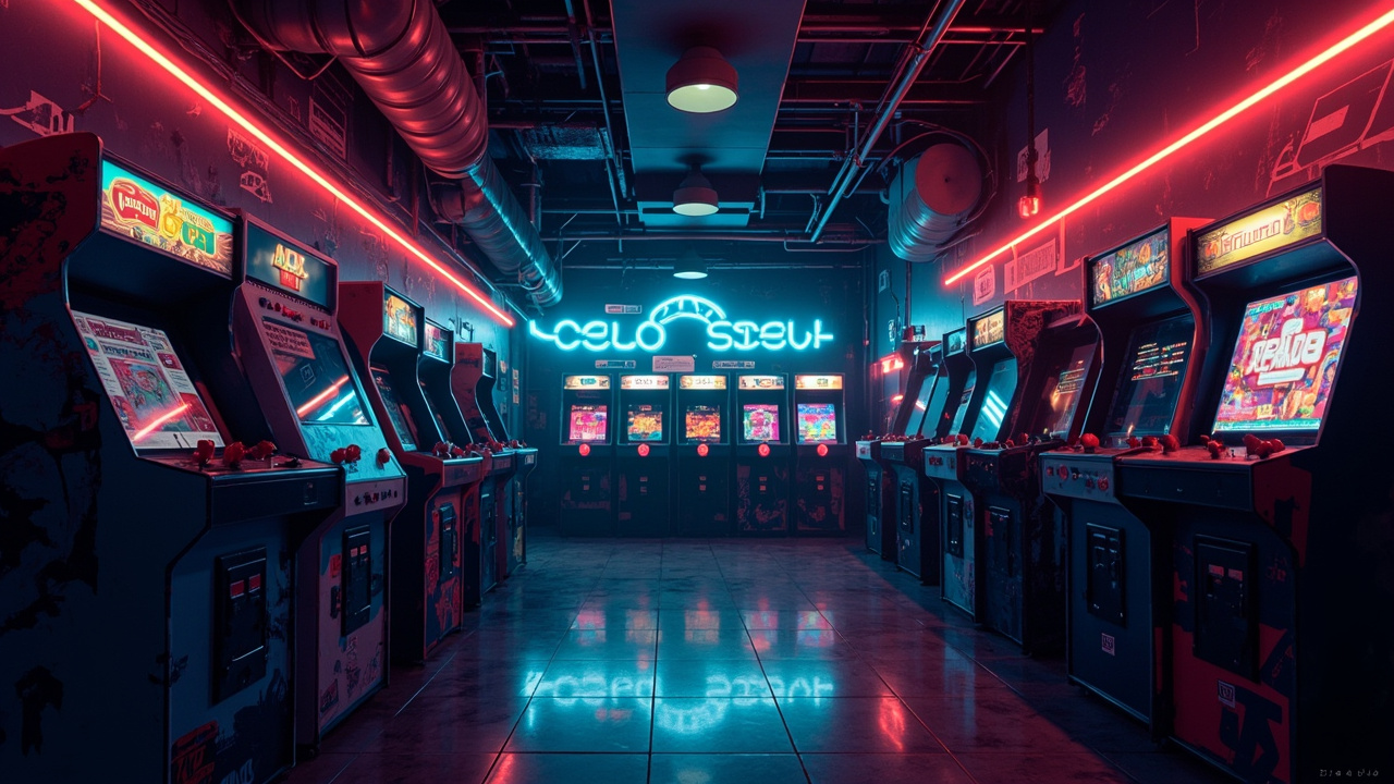 Illustration of a neon-lit retro arcade interior