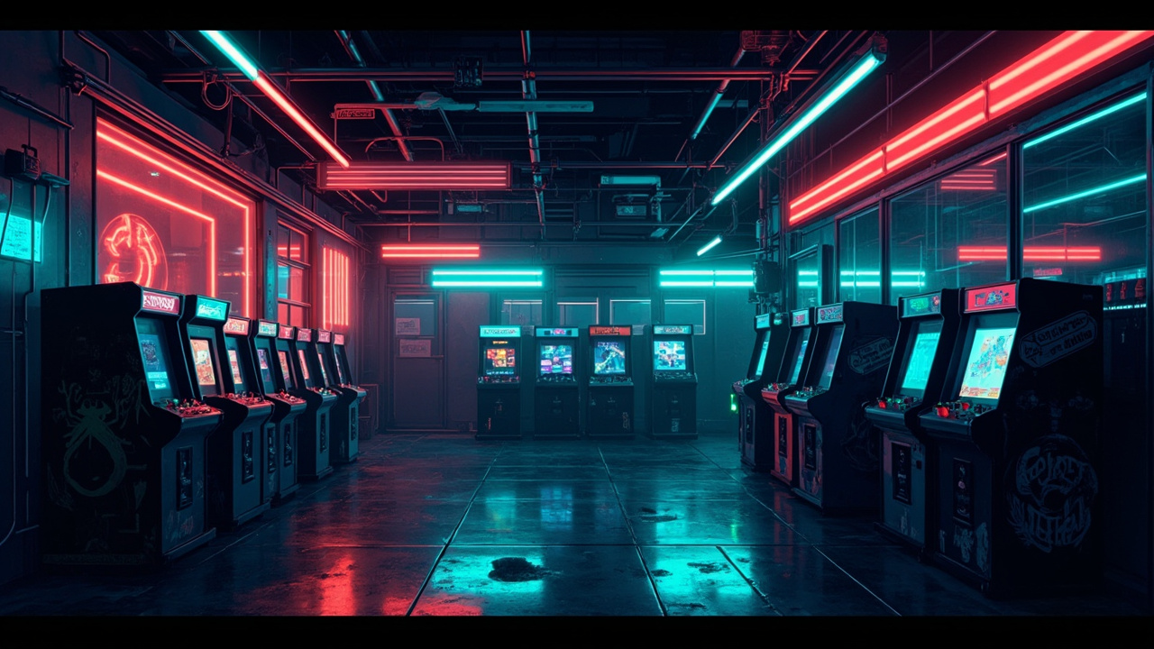 Illustration of a neon-lit retro arcade interior