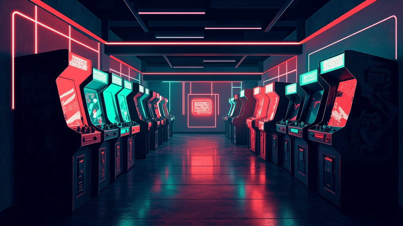Illustration of a neon-lit retro arcade interior