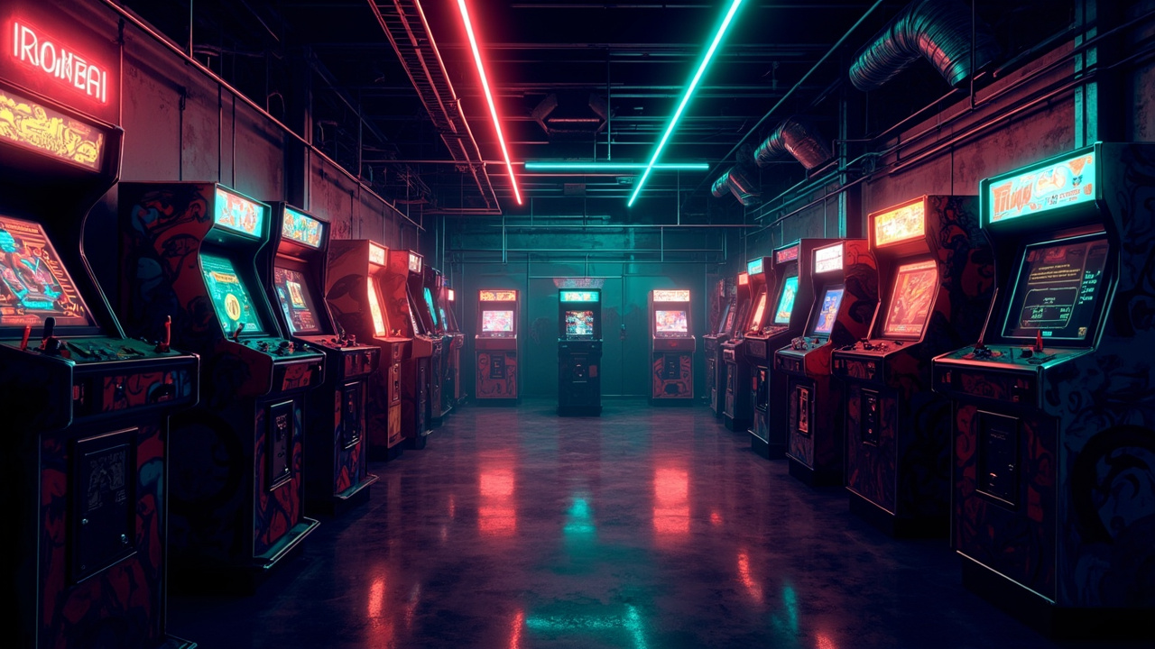 Illustration of a neon-lit retro arcade interior