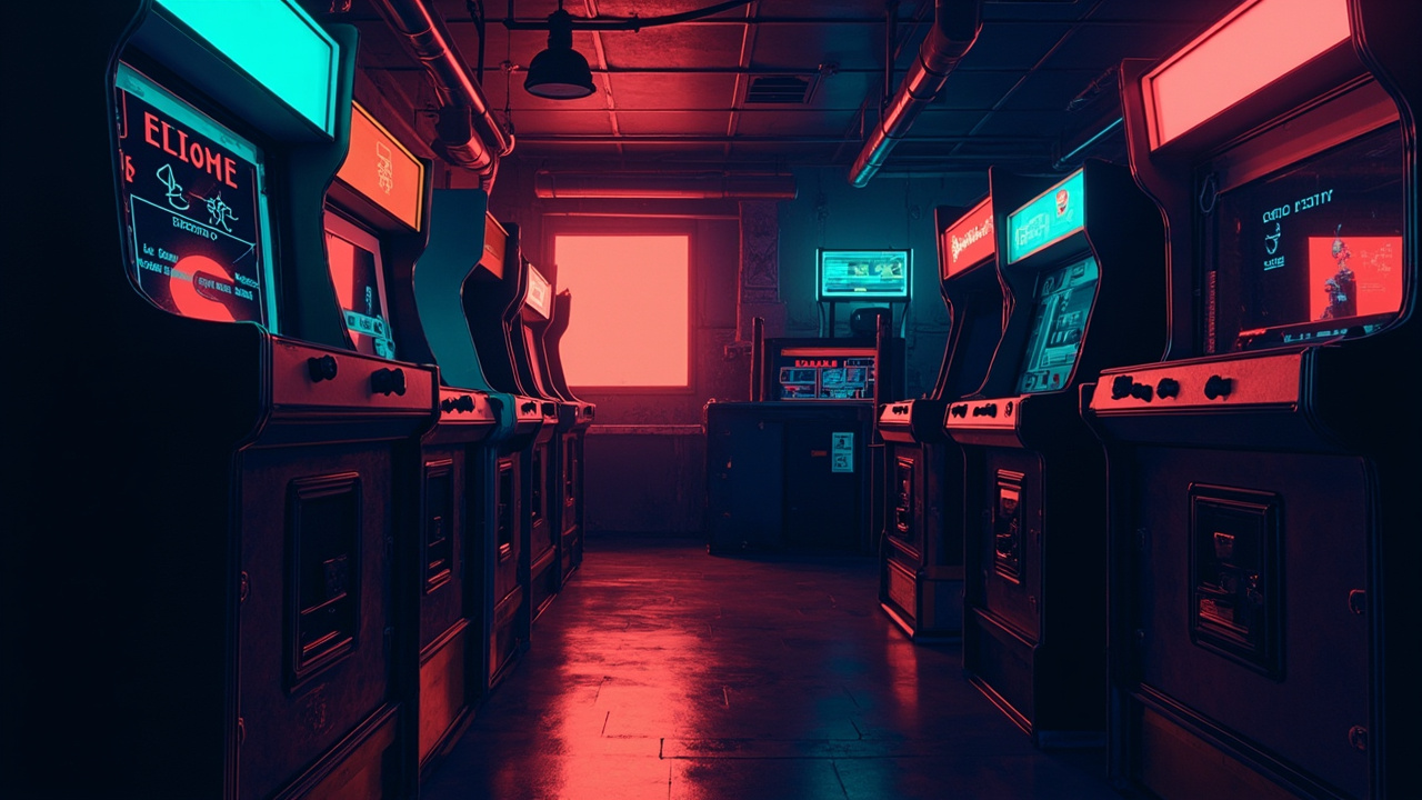 Illustration of a neon-lit retro arcade interior