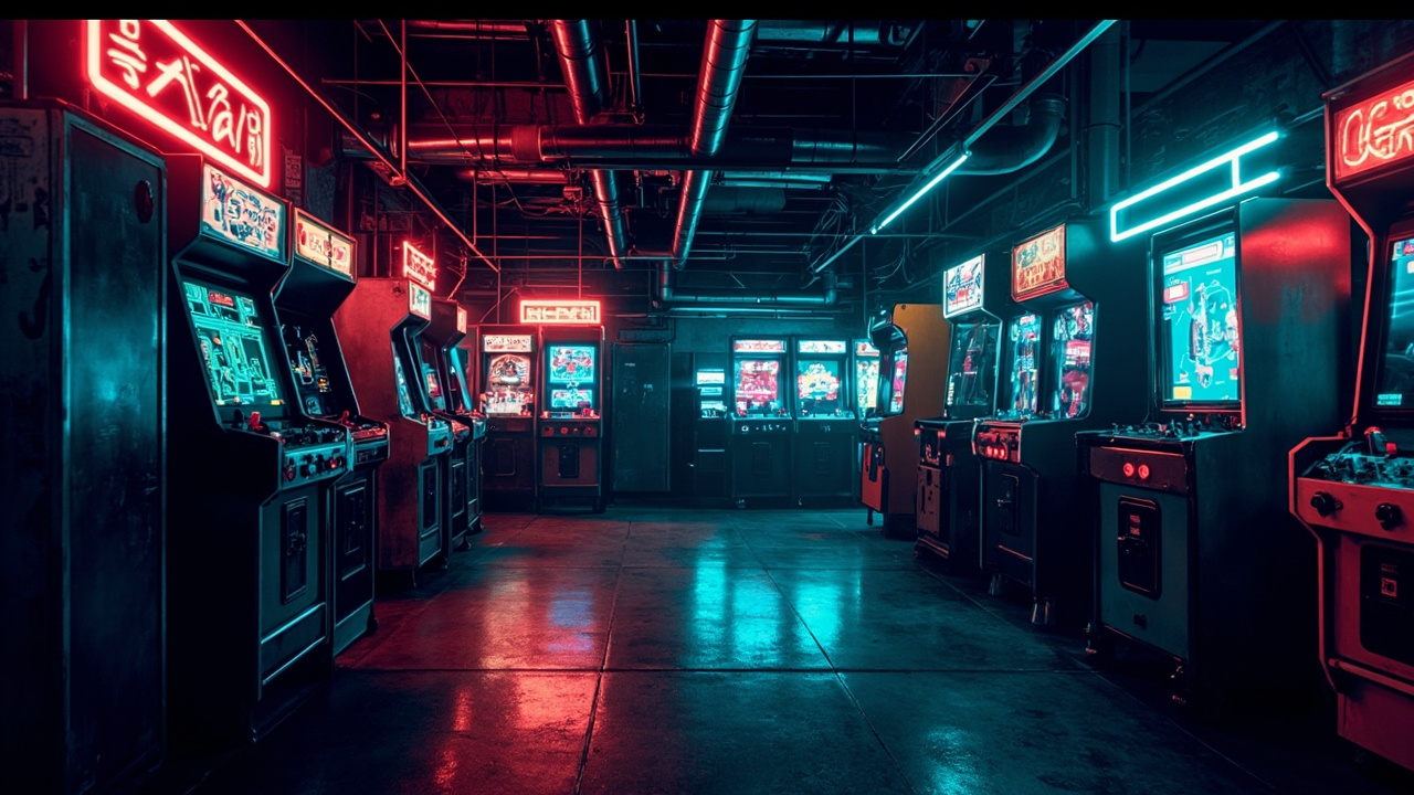 Illustration of a neon-lit retro arcade interior
