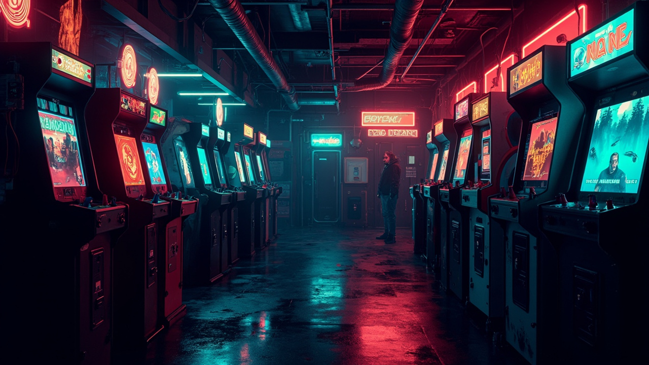 Illustration of a neon-lit retro arcade interior