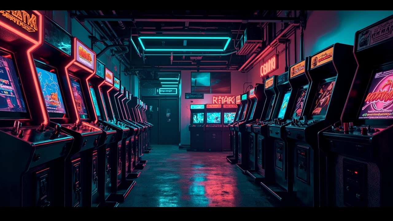 Illustration of a neon-lit retro arcade interior